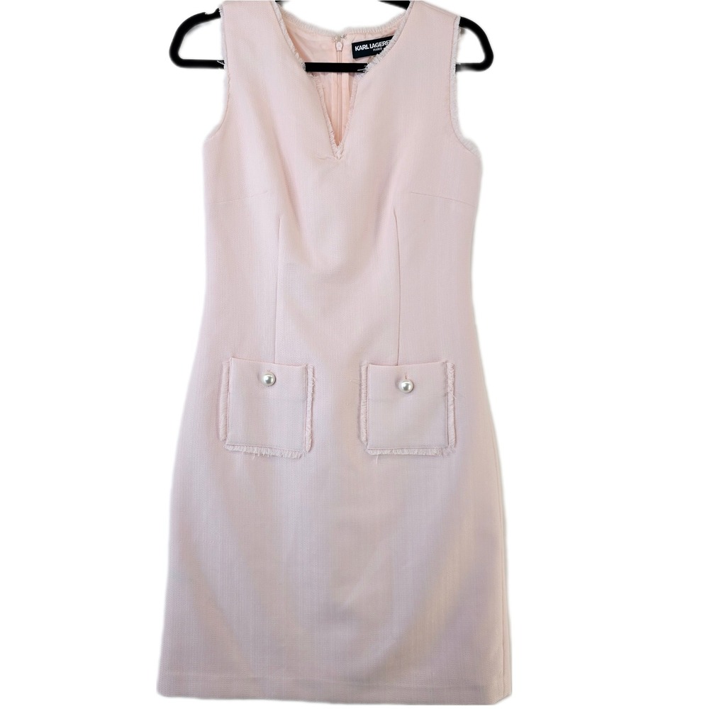 Karl Lagerfeld Paris Sleeveless Dress Womens Size 4 Fringed Pockets Pink Tweed
